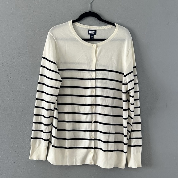 Lands' End XL Tall Cream Black Stripe Cotton Button Cardigan Sweater Coastal - Picture 1 of 4